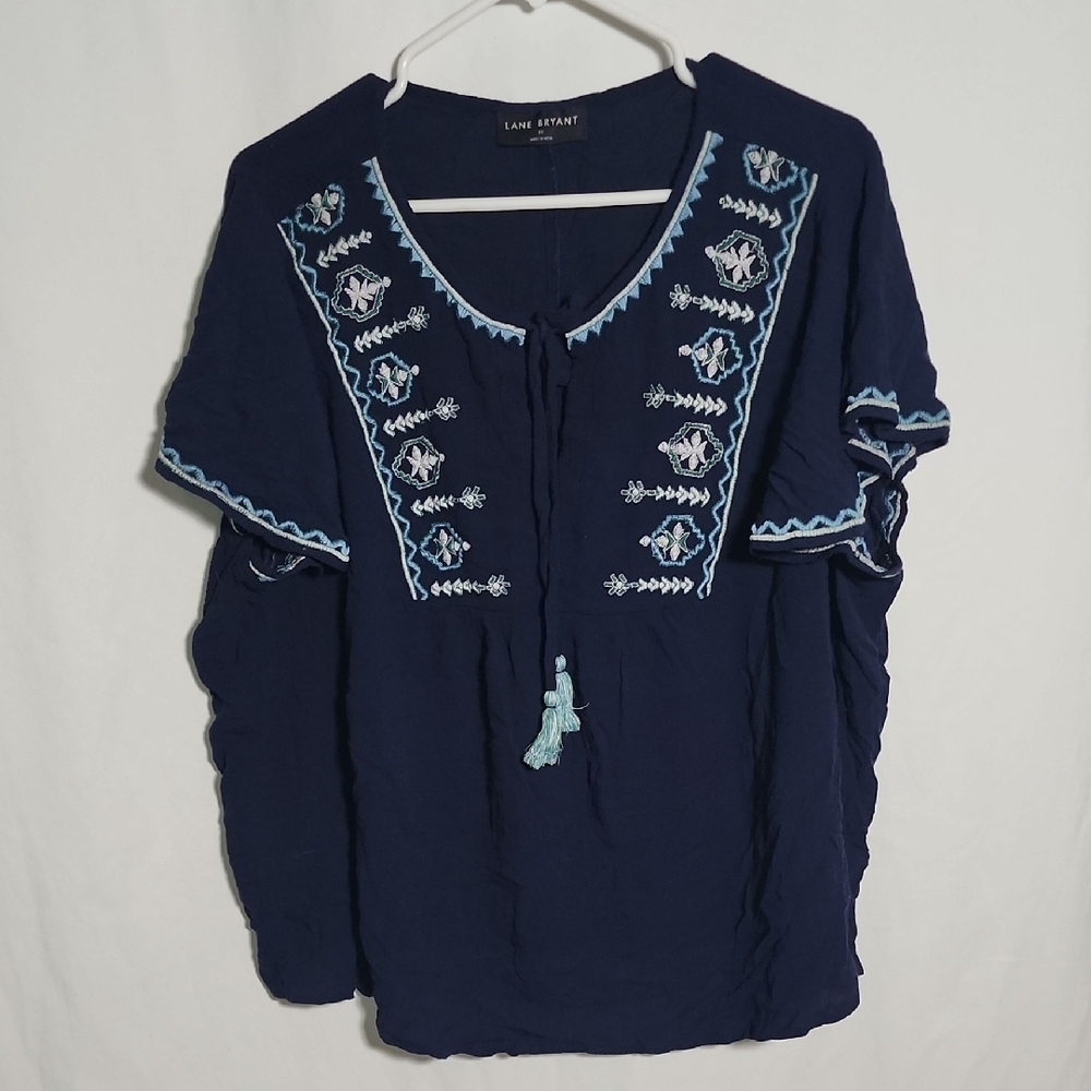 Lane Bryant Navy Embroidered Blouse